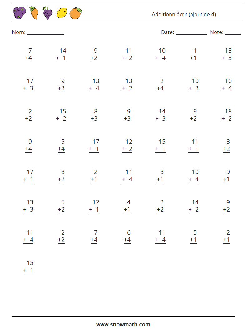 (50) Additionn écrit (ajout de 4) Fiches d'Exercices de Mathématiques 2