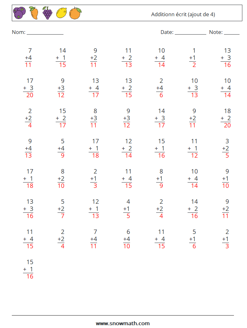 (50) Additionn écrit (ajout de 4) Fiches d'Exercices de Mathématiques 2 Question, Réponse