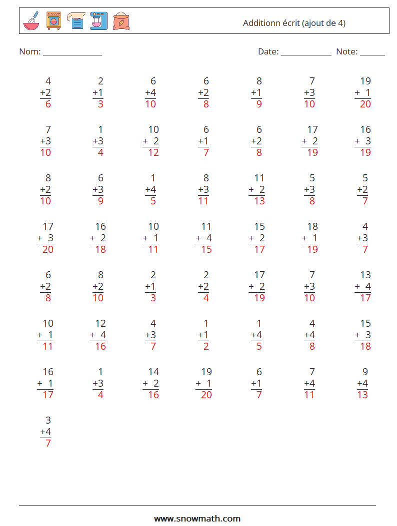 (50) Additionn écrit (ajout de 4) Fiches d'Exercices de Mathématiques 3 Question, Réponse