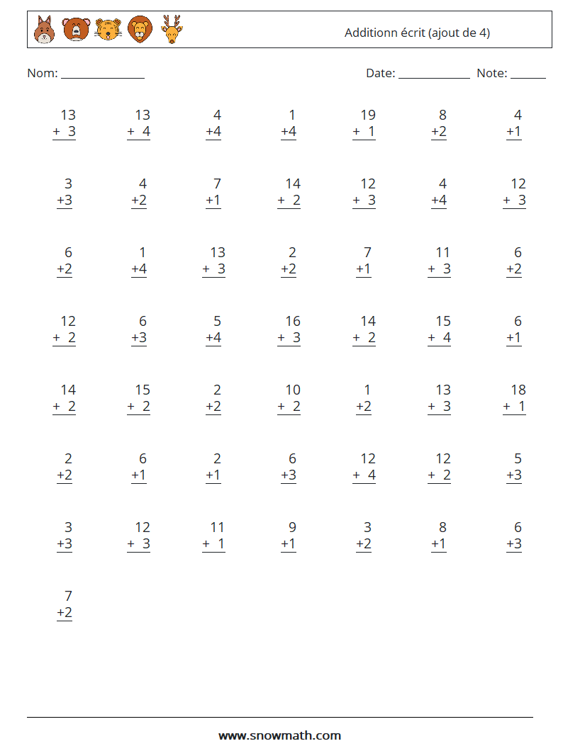 (50) Additionn écrit (ajout de 4) Fiches d'Exercices de Mathématiques 4