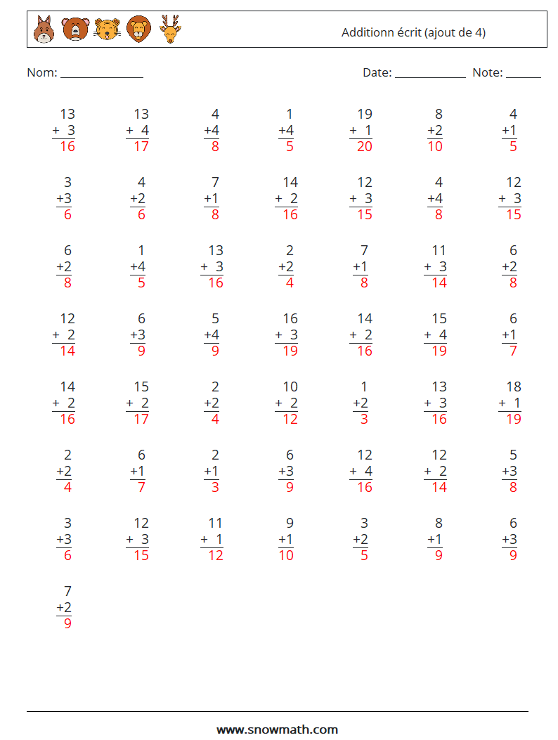 (50) Additionn écrit (ajout de 4) Fiches d'Exercices de Mathématiques 4 Question, Réponse