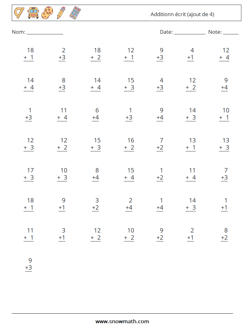 (50) Additionn écrit (ajout de 4) Fiches d'Exercices de Mathématiques 5