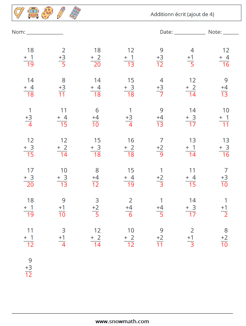 (50) Additionn écrit (ajout de 4) Fiches d'Exercices de Mathématiques 5 Question, Réponse