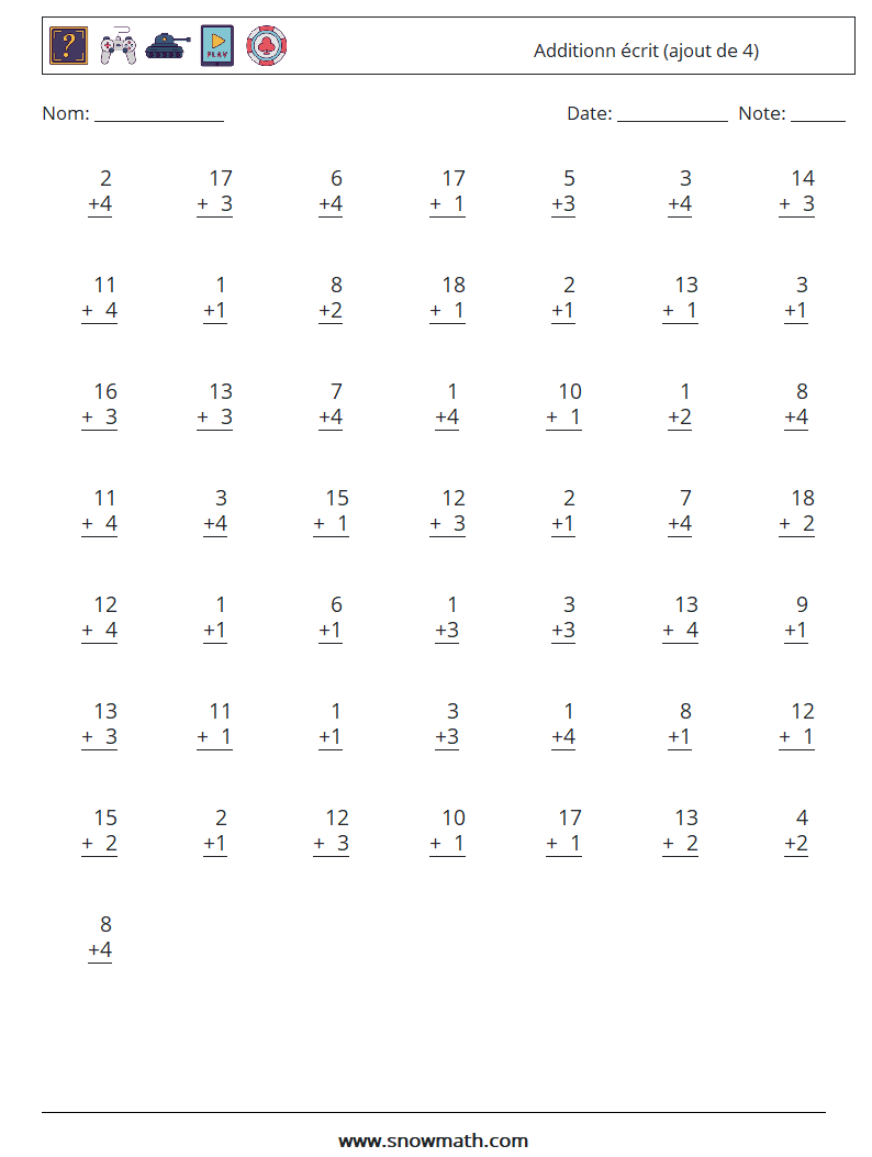 (50) Additionn écrit (ajout de 4) Fiches d'Exercices de Mathématiques 6