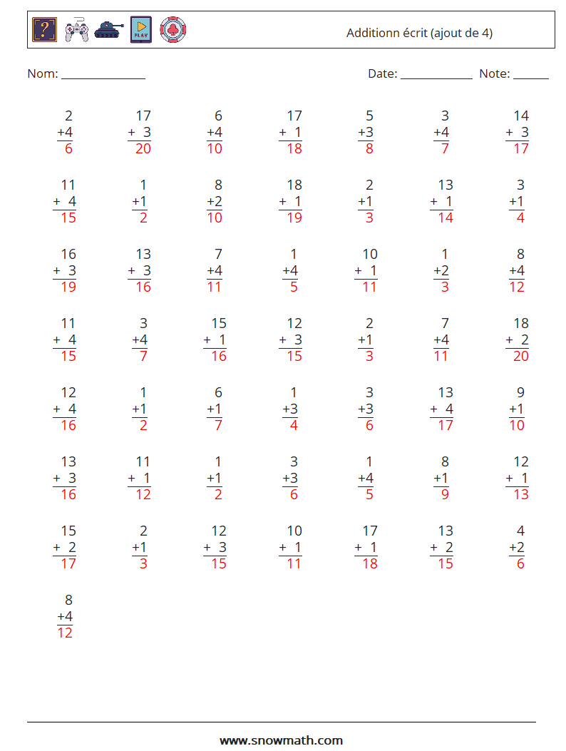 (50) Additionn écrit (ajout de 4) Fiches d'Exercices de Mathématiques 6 Question, Réponse