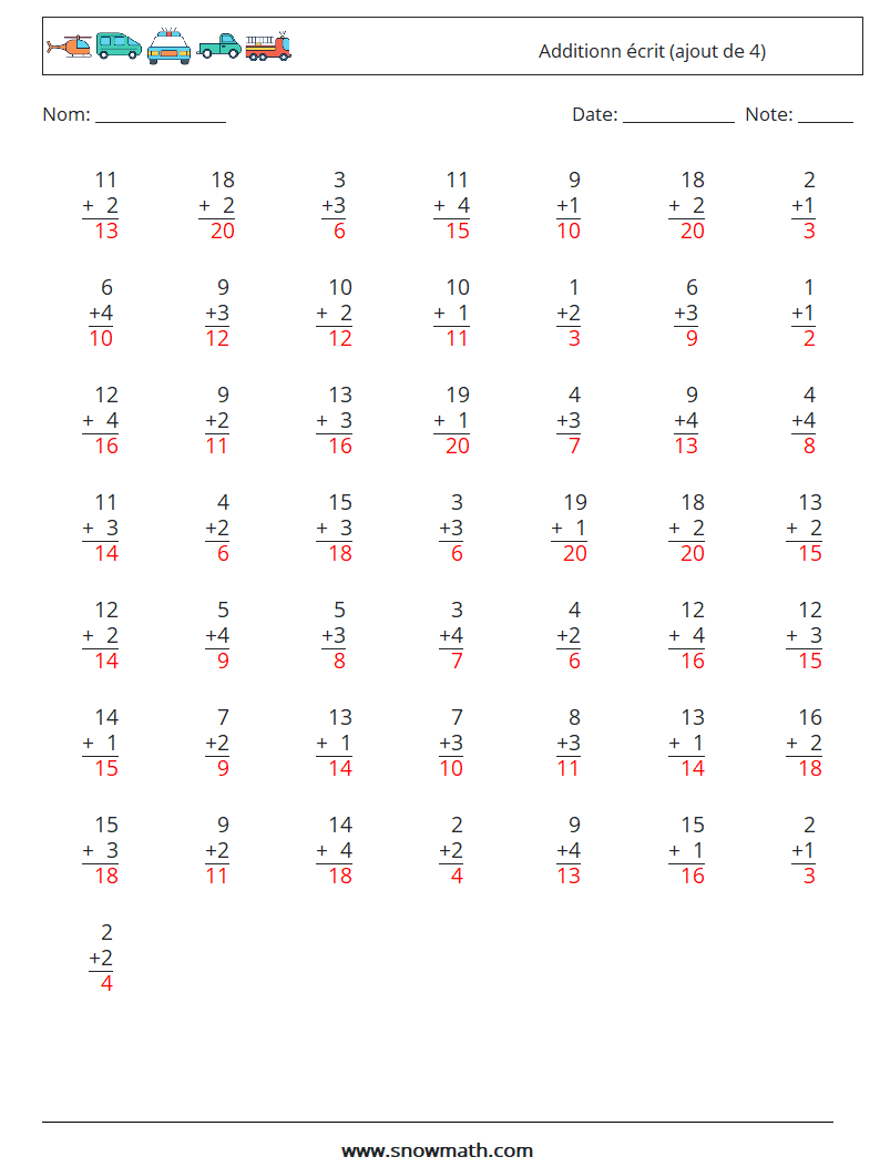 (50) Additionn écrit (ajout de 4) Fiches d'Exercices de Mathématiques 7 Question, Réponse