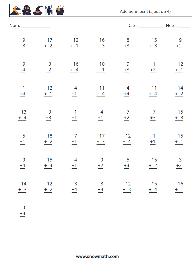 (50) Additionn écrit (ajout de 4) Fiches d'Exercices de Mathématiques 8