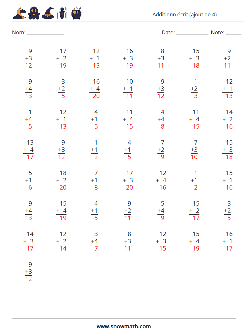 (50) Additionn écrit (ajout de 4) Fiches d'Exercices de Mathématiques 8 Question, Réponse