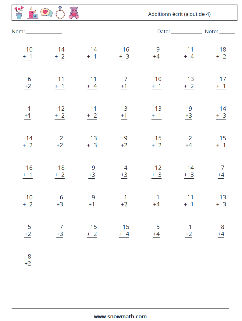 (50) Additionn écrit (ajout de 4) Fiches d'Exercices de Mathématiques 9