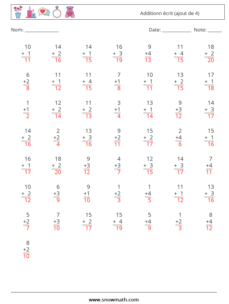 (50) Additionn écrit (ajout de 4) Fiches d'Exercices de Mathématiques 9 Question, Réponse