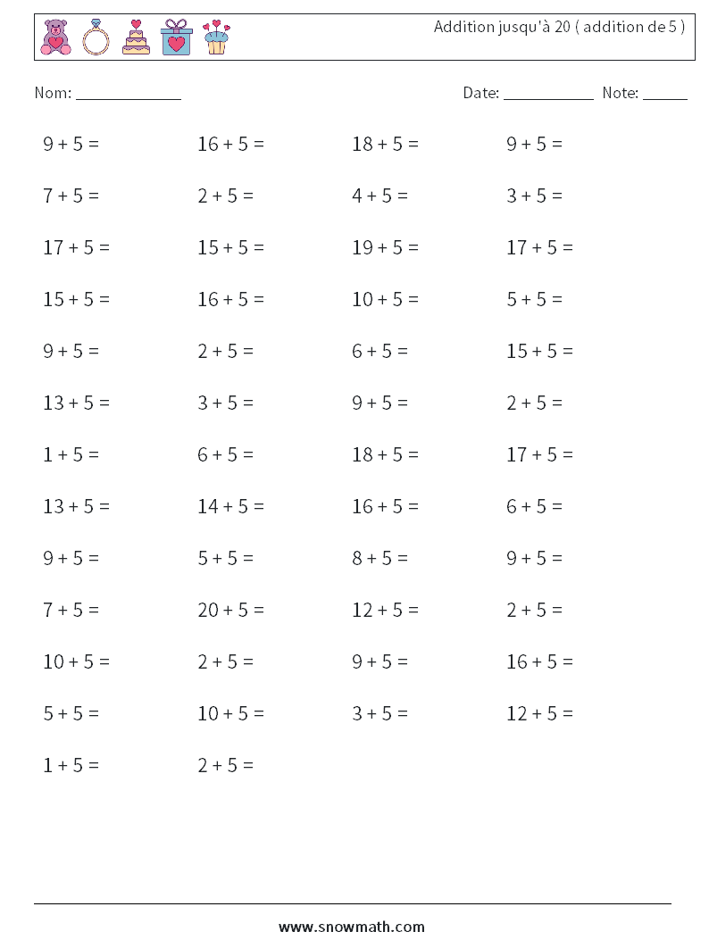 (50) Addition jusqu'à 20 ( addition de 5 ) Fiches d'Exercices de Mathématiques 1