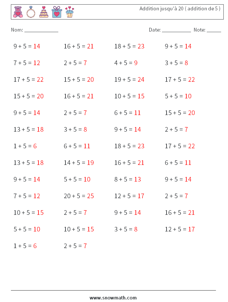 (50) Addition jusqu'à 20 ( addition de 5 ) Fiches d'Exercices de Mathématiques 1 Question, Réponse