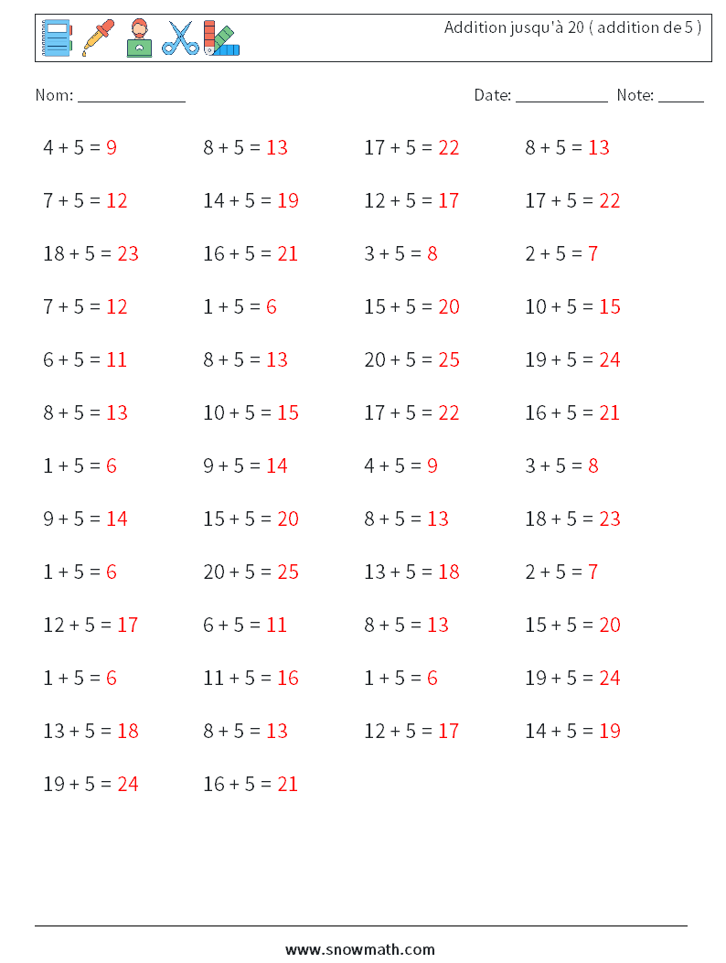 (50) Addition jusqu'à 20 ( addition de 5 ) Fiches d'Exercices de Mathématiques 3 Question, Réponse