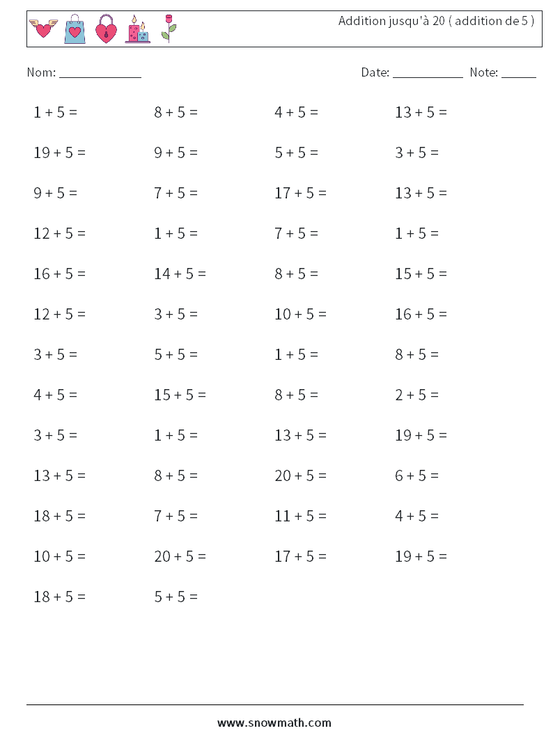 (50) Addition jusqu'à 20 ( addition de 5 ) Fiches d'Exercices de Mathématiques 6