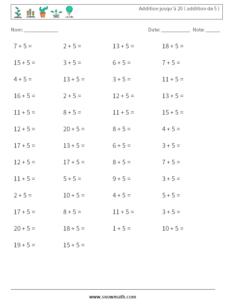 (50) Addition jusqu'à 20 ( addition de 5 ) Fiches d'Exercices de Mathématiques 7