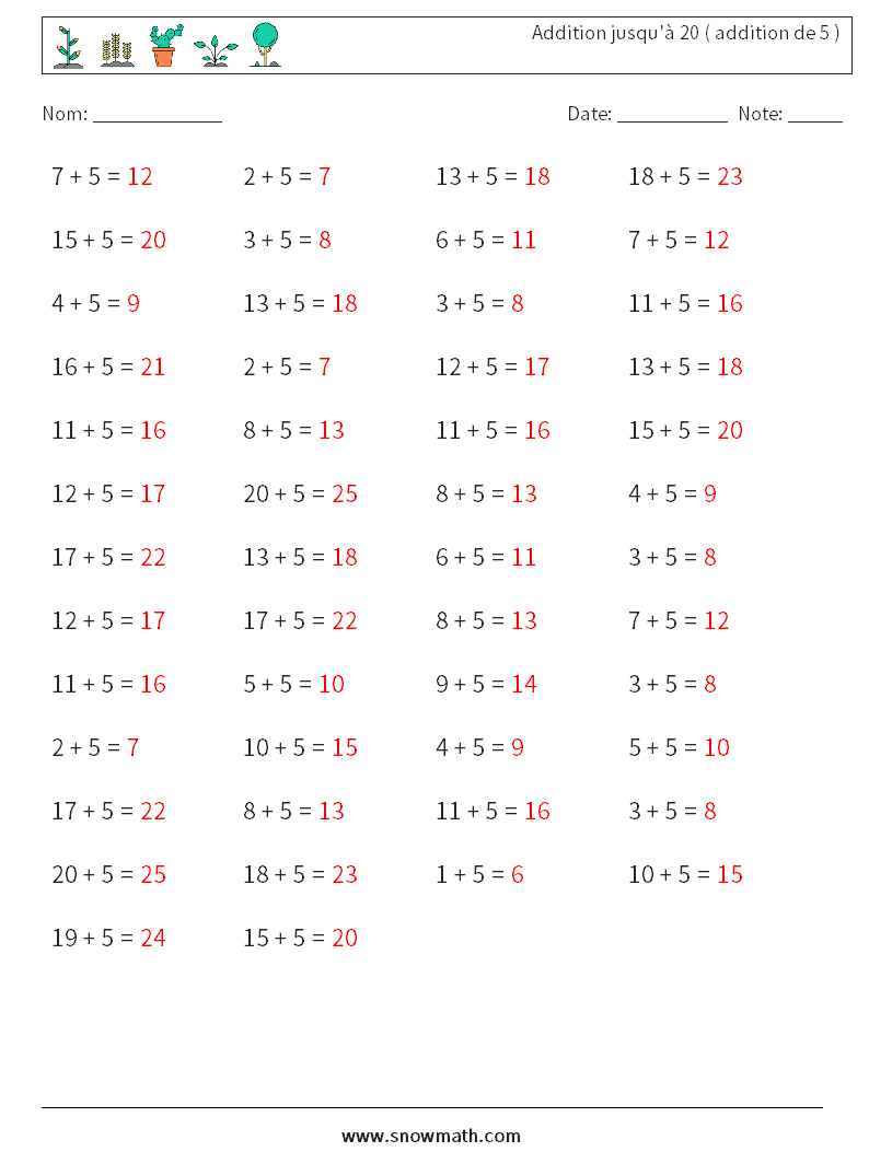 (50) Addition jusqu'à 20 ( addition de 5 ) Fiches d'Exercices de Mathématiques 7 Question, Réponse