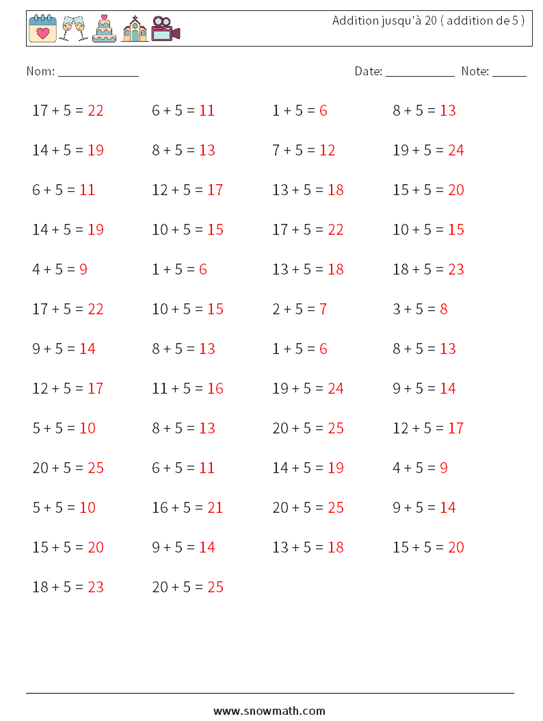 (50) Addition jusqu'à 20 ( addition de 5 ) Fiches d'Exercices de Mathématiques 8 Question, Réponse