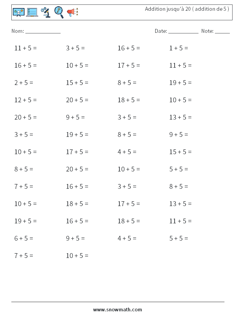 (50) Addition jusqu'à 20 ( addition de 5 ) Fiches d'Exercices de Mathématiques 9