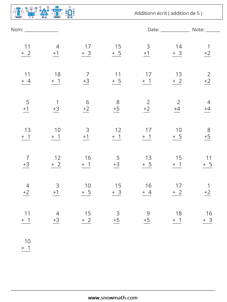 (50) Additionn écrit ( addition de 5 ) Fiches d'Exercices de Mathématiques 1