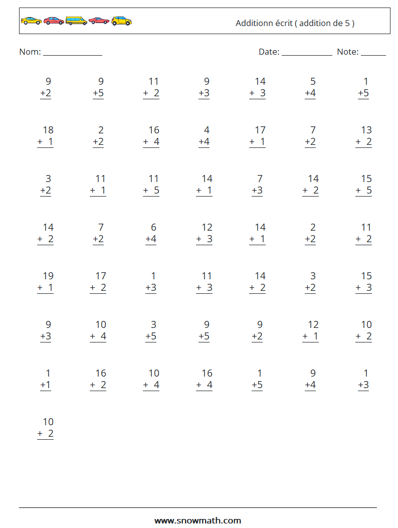 (50) Additionn écrit ( addition de 5 ) Fiches d'Exercices de Mathématiques 10