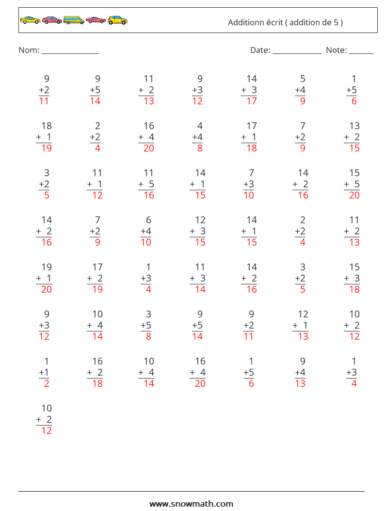 (50) Additionn écrit ( addition de 5 ) Fiches d'Exercices de Mathématiques 10 Question, Réponse