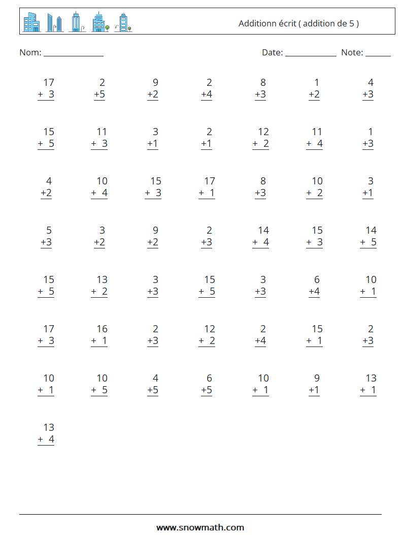 (50) Additionn écrit ( addition de 5 ) Fiches d'Exercices de Mathématiques 11