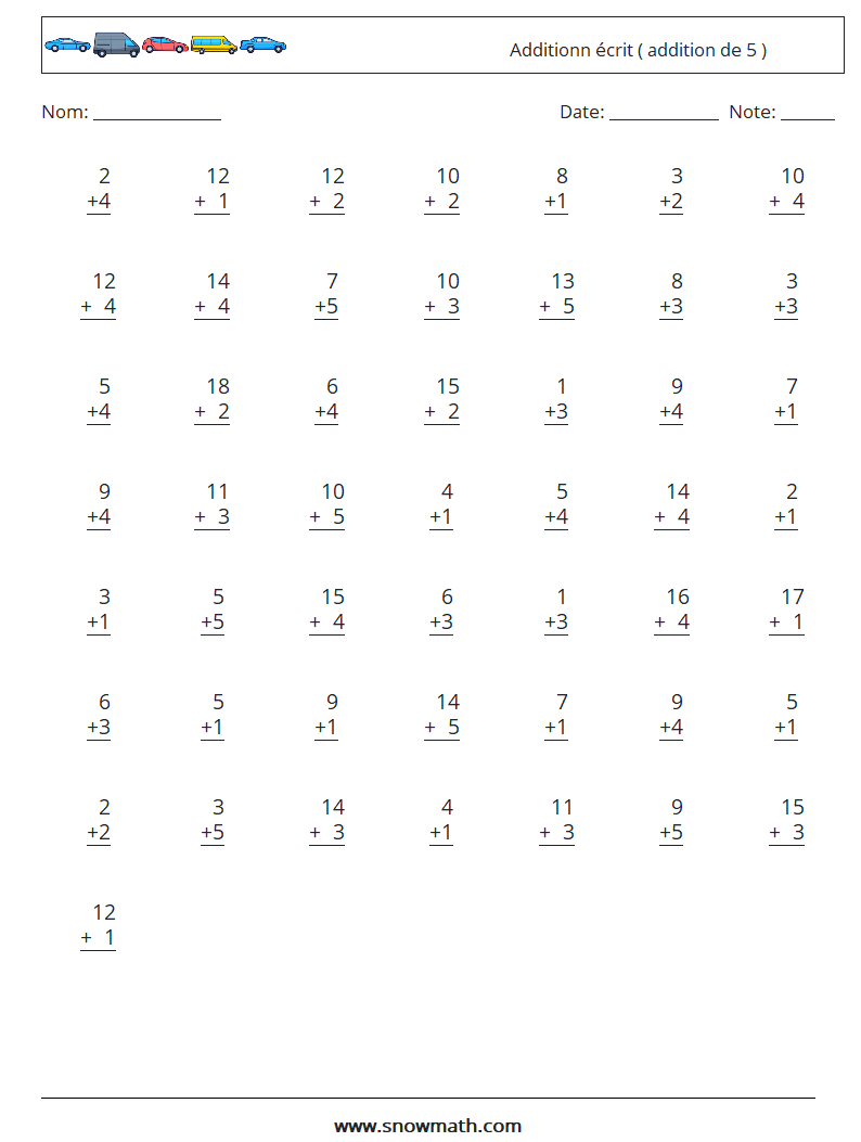 (50) Additionn écrit ( addition de 5 ) Fiches d'Exercices de Mathématiques 12