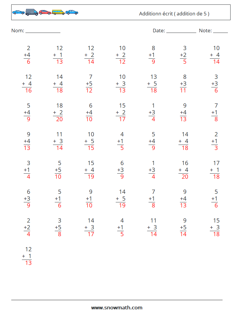 (50) Additionn écrit ( addition de 5 ) Fiches d'Exercices de Mathématiques 12 Question, Réponse