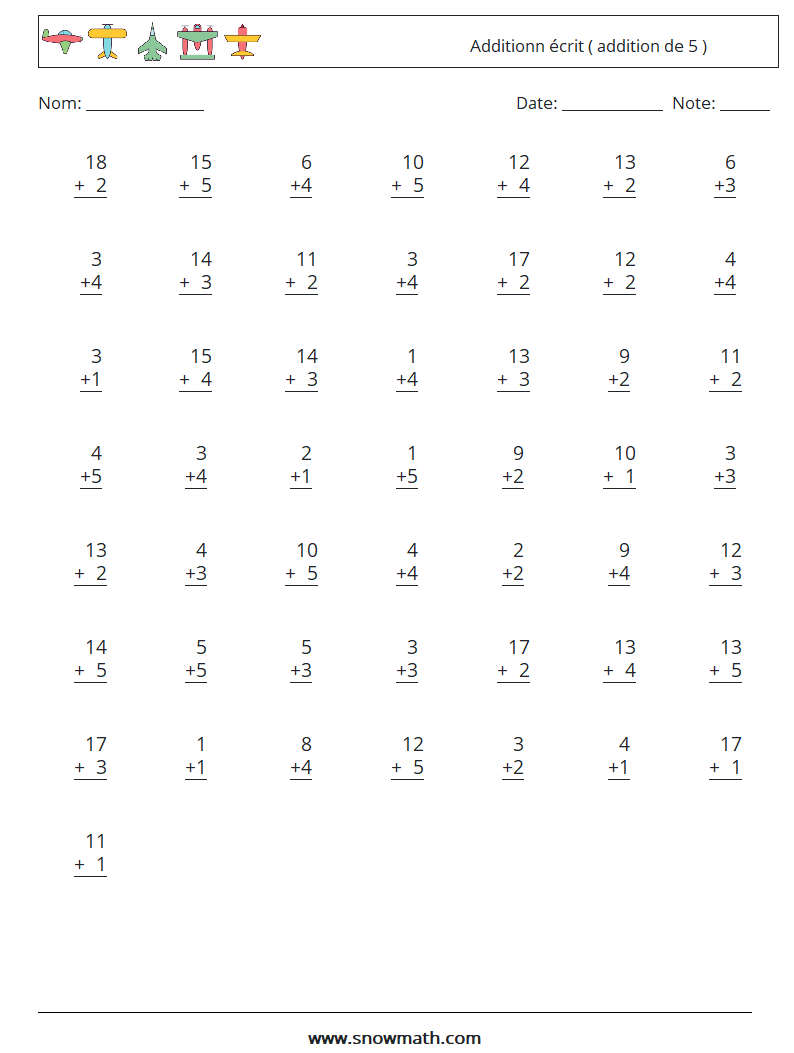 (50) Additionn écrit ( addition de 5 ) Fiches d'Exercices de Mathématiques 13