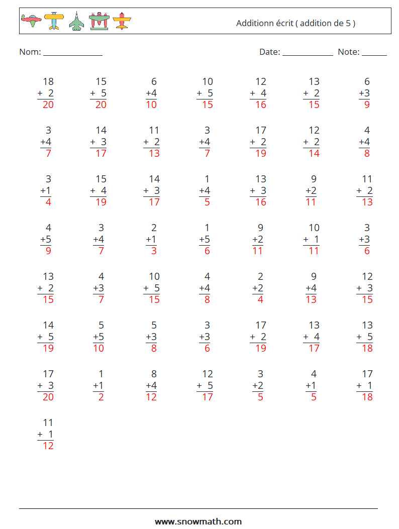 (50) Additionn écrit ( addition de 5 ) Fiches d'Exercices de Mathématiques 13 Question, Réponse