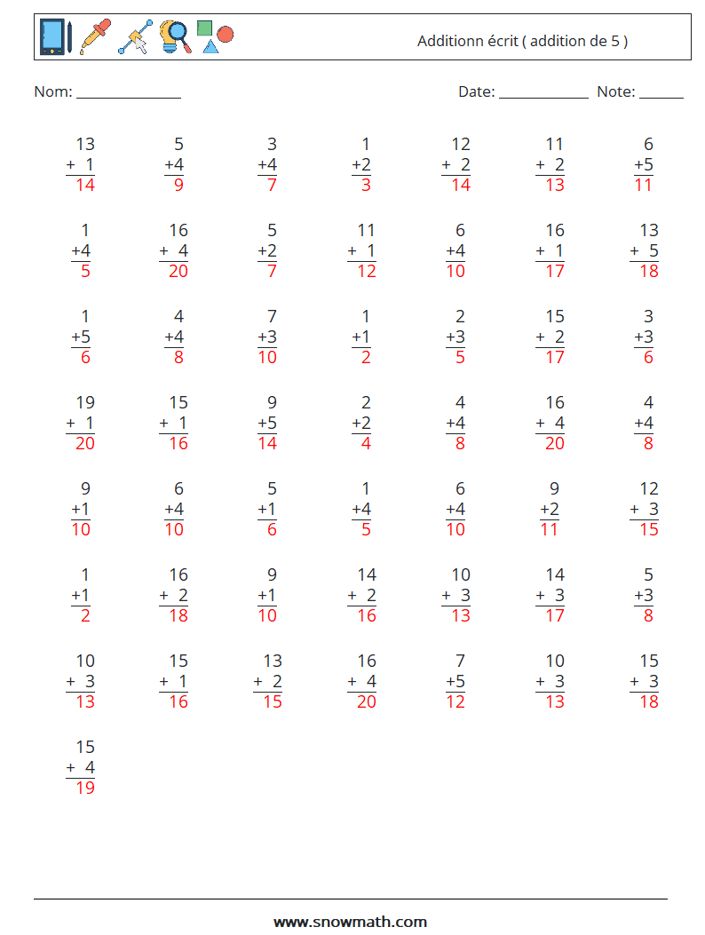 (50) Additionn écrit ( addition de 5 ) Fiches d'Exercices de Mathématiques 14 Question, Réponse