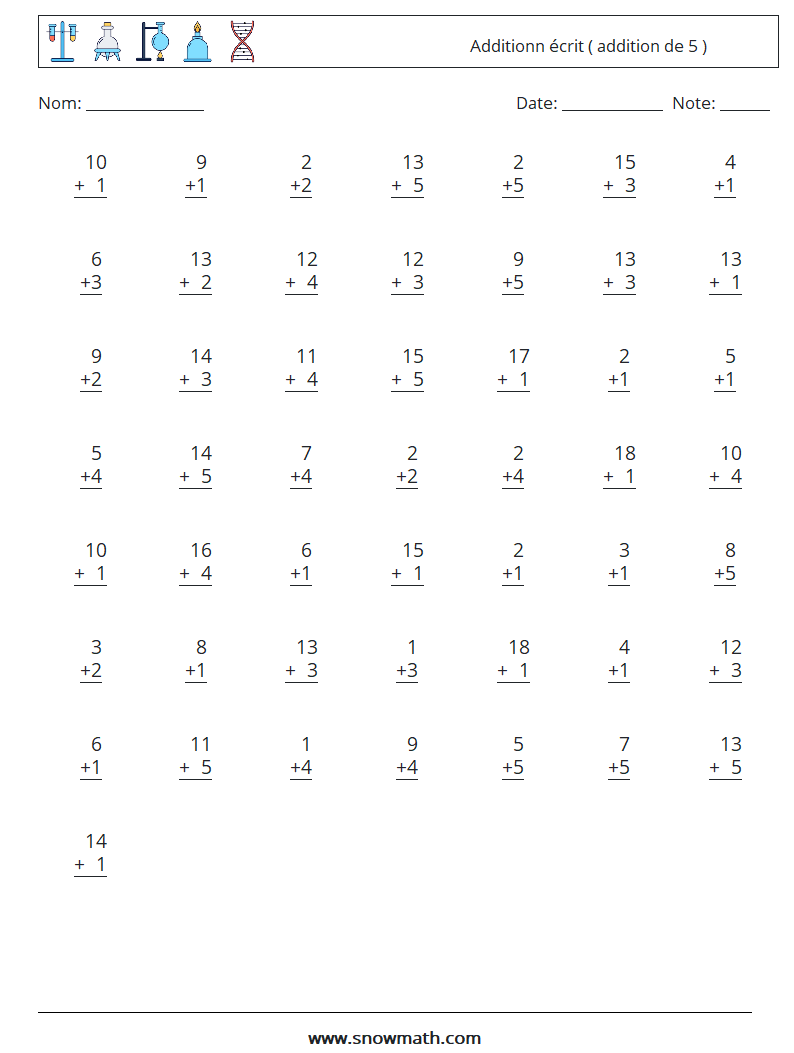 (50) Additionn écrit ( addition de 5 ) Fiches d'Exercices de Mathématiques 16