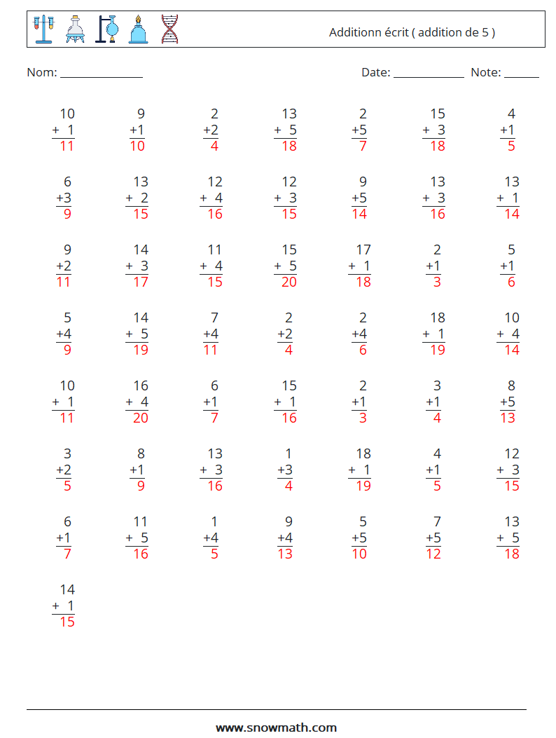 (50) Additionn écrit ( addition de 5 ) Fiches d'Exercices de Mathématiques 16 Question, Réponse