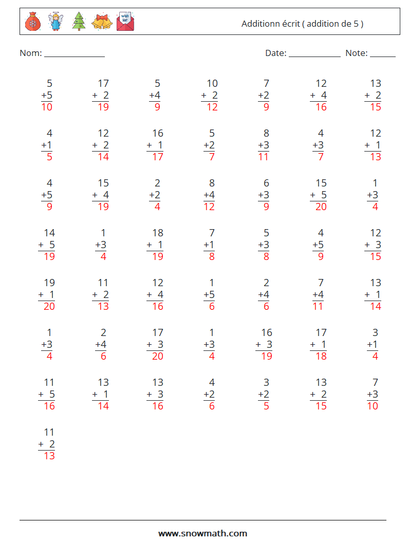 (50) Additionn écrit ( addition de 5 ) Fiches d'Exercices de Mathématiques 18 Question, Réponse