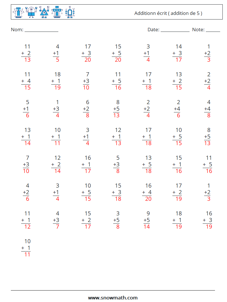 (50) Additionn écrit ( addition de 5 ) Fiches d'Exercices de Mathématiques 1 Question, Réponse