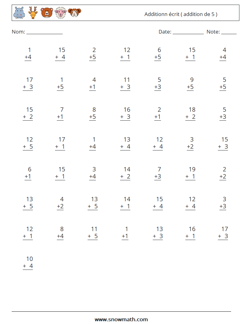 (50) Additionn écrit ( addition de 5 ) Fiches d'Exercices de Mathématiques 2