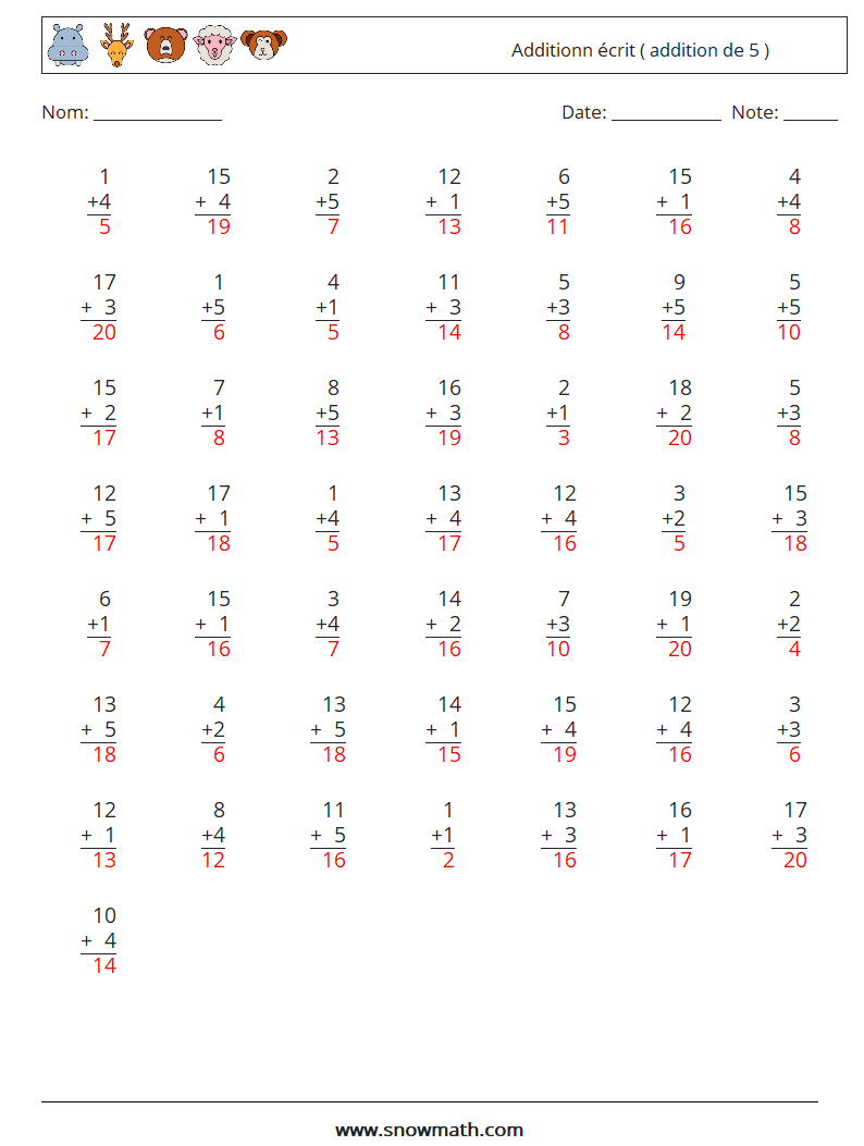 (50) Additionn écrit ( addition de 5 ) Fiches d'Exercices de Mathématiques 2 Question, Réponse