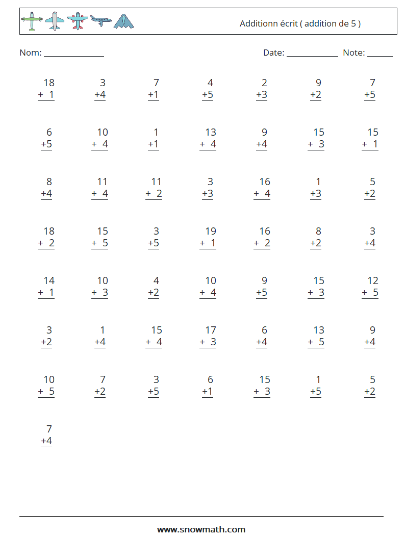 (50) Additionn écrit ( addition de 5 ) Fiches d'Exercices de Mathématiques 3