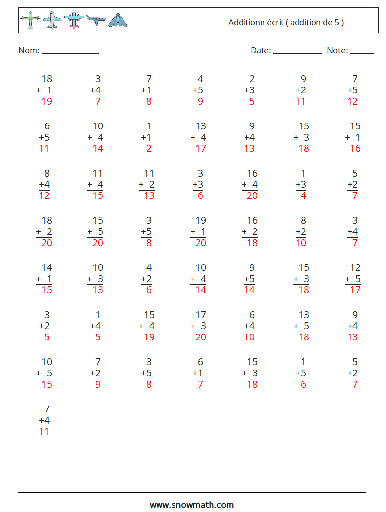 (50) Additionn écrit ( addition de 5 ) Fiches d'Exercices de Mathématiques 3 Question, Réponse