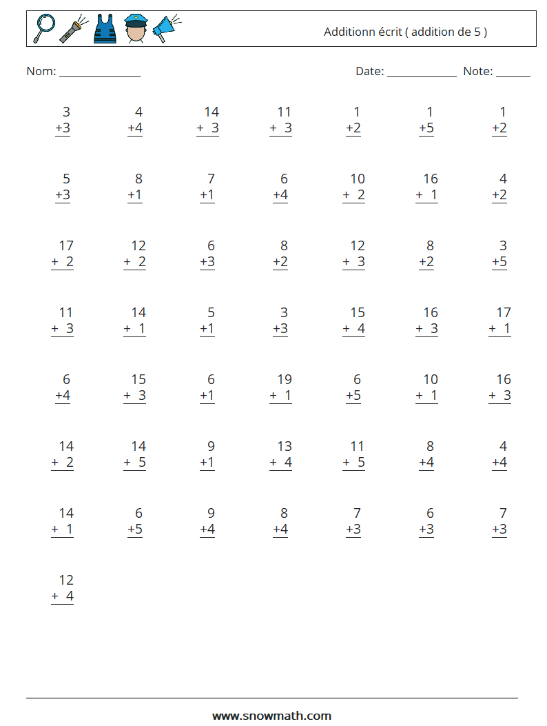 (50) Additionn écrit ( addition de 5 ) Fiches d'Exercices de Mathématiques 4