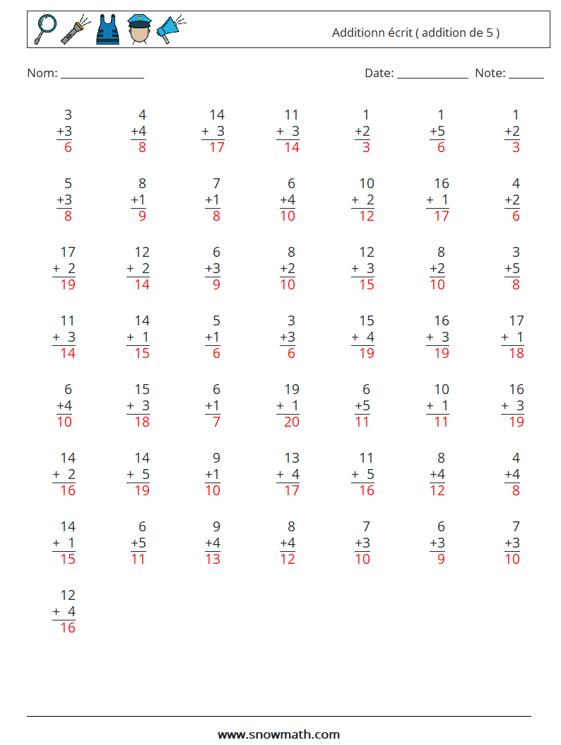 (50) Additionn écrit ( addition de 5 ) Fiches d'Exercices de Mathématiques 4 Question, Réponse