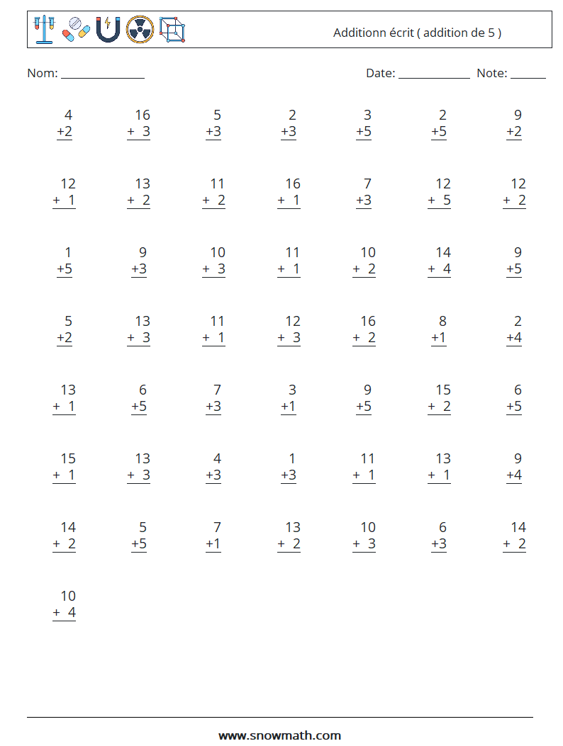 (50) Additionn écrit ( addition de 5 ) Fiches d'Exercices de Mathématiques 5