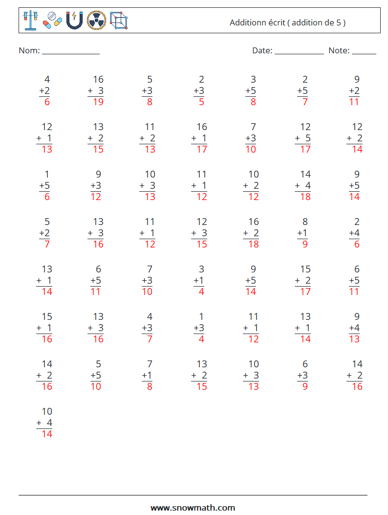 (50) Additionn écrit ( addition de 5 ) Fiches d'Exercices de Mathématiques 5 Question, Réponse