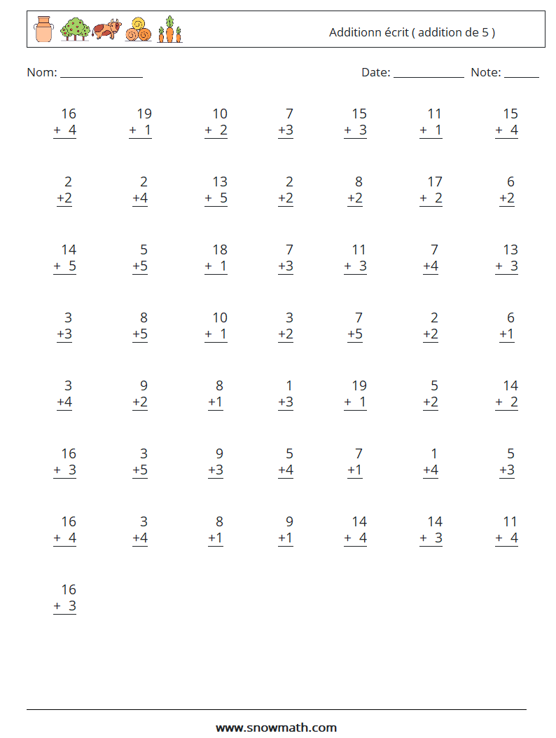 (50) Additionn écrit ( addition de 5 ) Fiches d'Exercices de Mathématiques 6