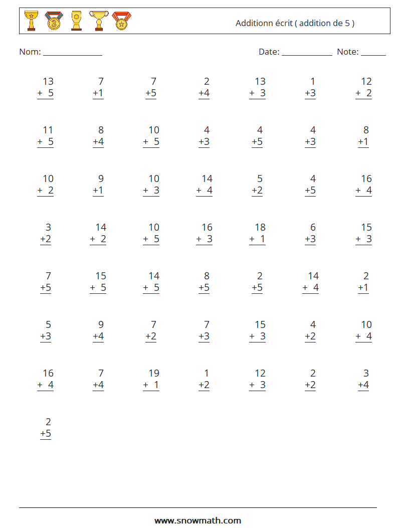 (50) Additionn écrit ( addition de 5 ) Fiches d'Exercices de Mathématiques 7