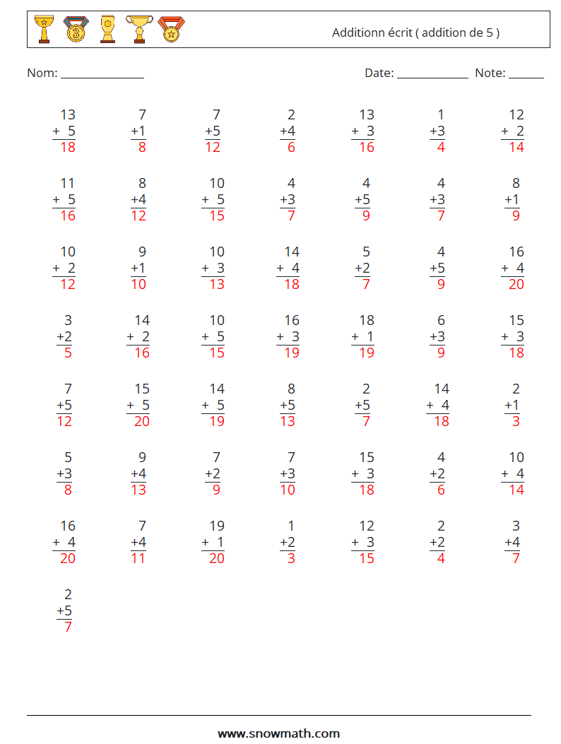 (50) Additionn écrit ( addition de 5 ) Fiches d'Exercices de Mathématiques 7 Question, Réponse