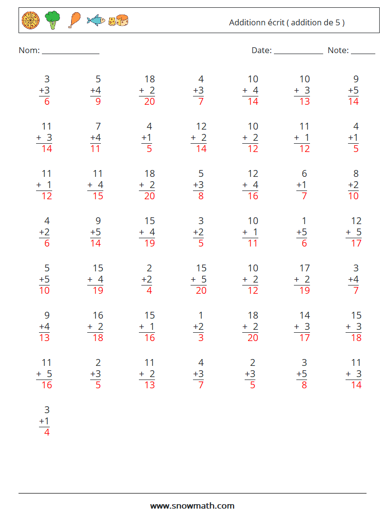 (50) Additionn écrit ( addition de 5 ) Fiches d'Exercices de Mathématiques 8 Question, Réponse