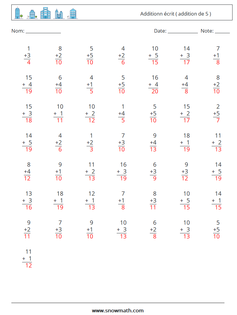 (50) Additionn écrit ( addition de 5 ) Fiches d'Exercices de Mathématiques 9 Question, Réponse