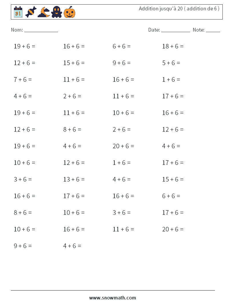 (50) Addition jusqu'à 20 ( addition de 6 ) Fiches d'Exercices de Mathématiques 1