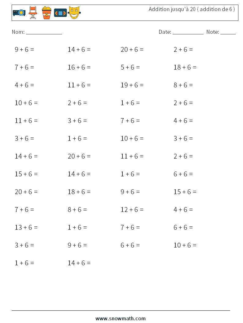 (50) Addition jusqu'à 20 ( addition de 6 ) Fiches d'Exercices de Mathématiques 2